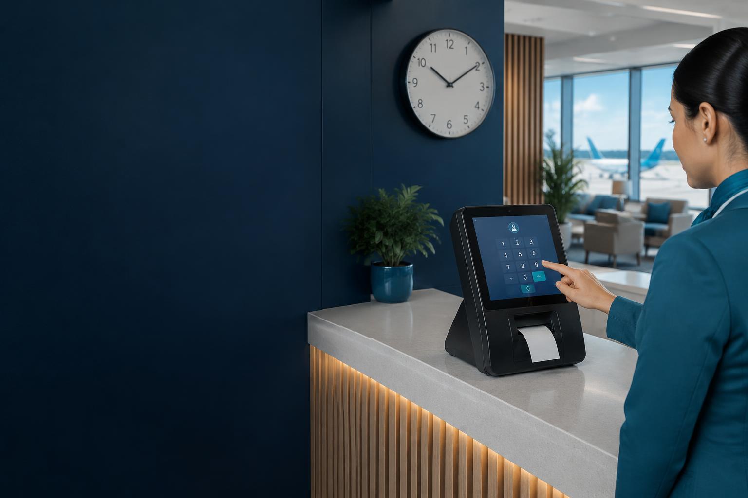 Registro de ponto em um quiosque com impressora térmica em um lounge
